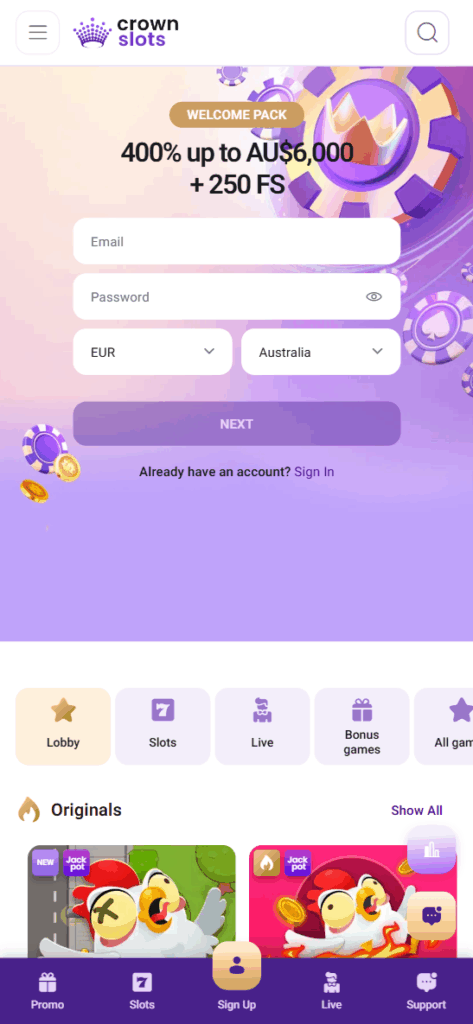 CrownSlots Mobile Interface and Looks
